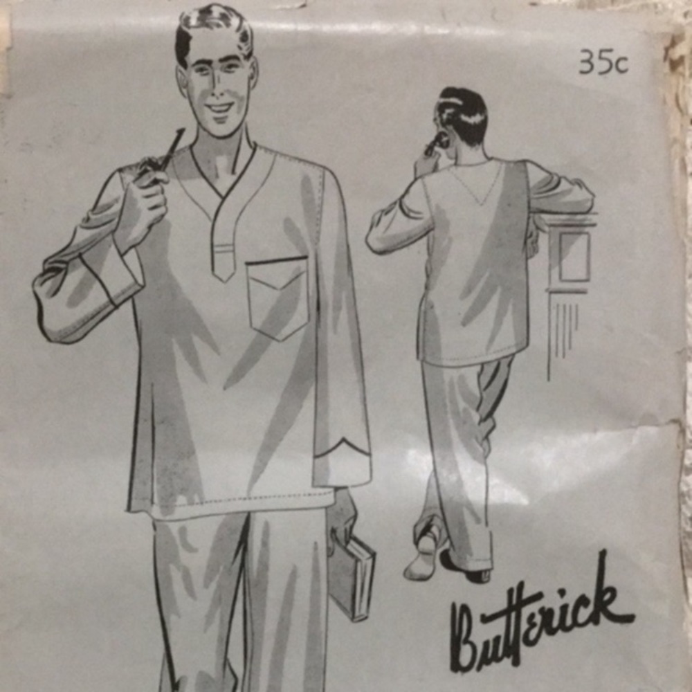 40s men’s pajamas sewing pattern, Butterick 1111, chest 42”